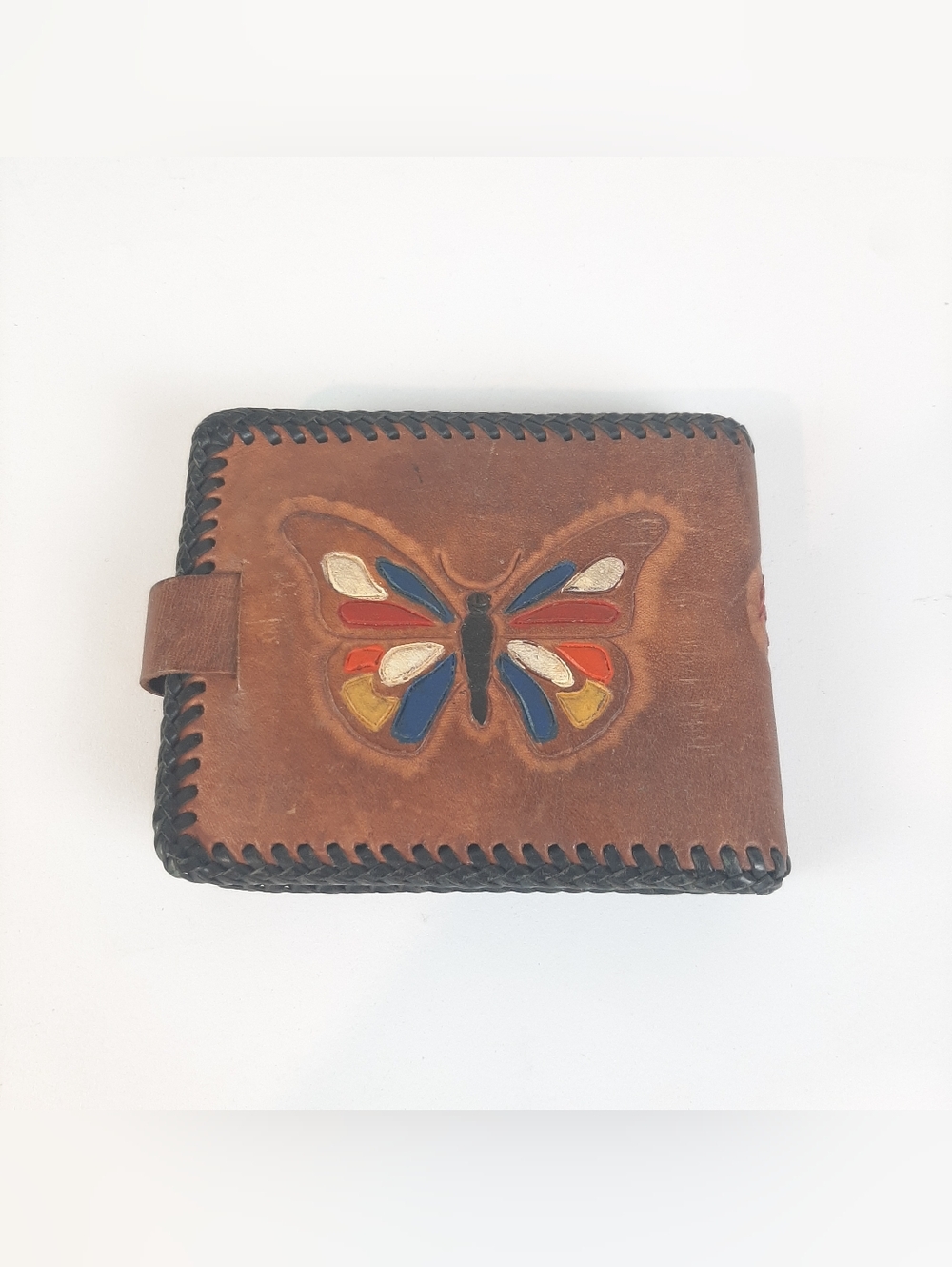 Vintage Hand Tooled Leather  Whipstitch Hand Painted Butterfly Bifold Wallet